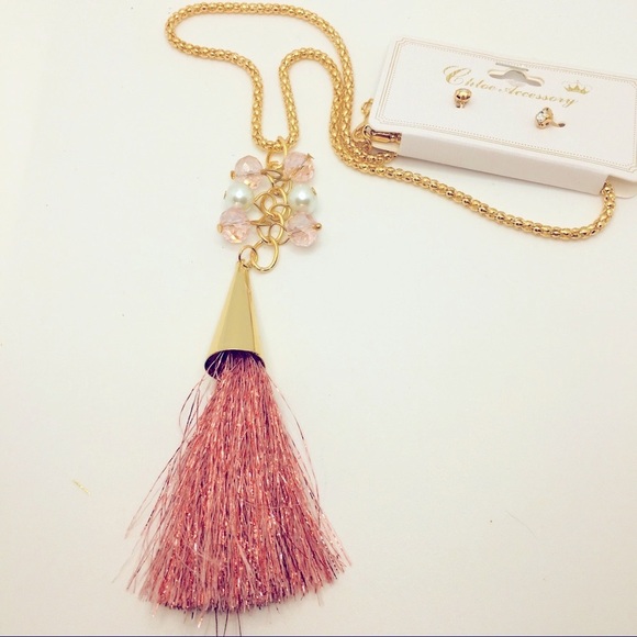 NECKLACE BOHO Tassel & CZ EARRING SET IN PINK! - Picture 11 of 11